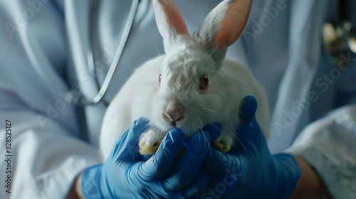 The veterinarian holds a small white rabbit in his hands. A doctor in a white lab coat examines a rabbit. A doctor in a white coat and blue medical gloves