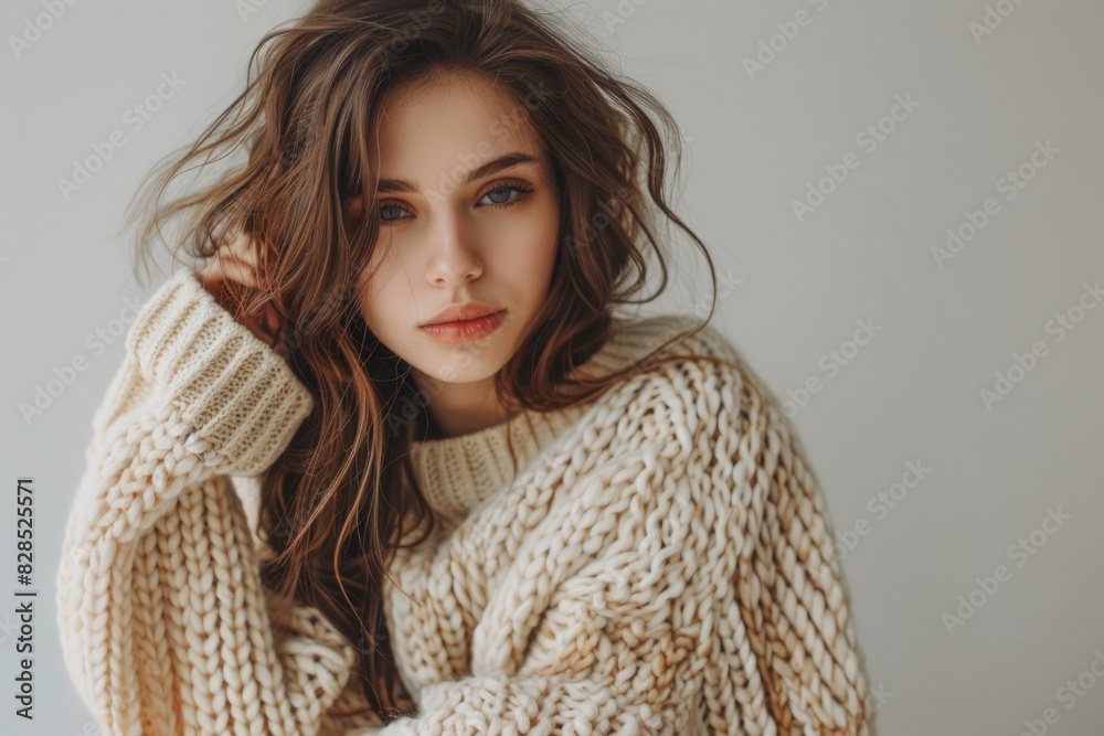 Beautiful woman wear homemade knitted sweater Beautiful woman wear homemade knitted sweater