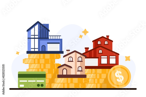 Comparison of property value and size, real estate market. Family houses of different prices standing on stacks of gold coins to choose affordable home on budget and needs cartoon vector illustration