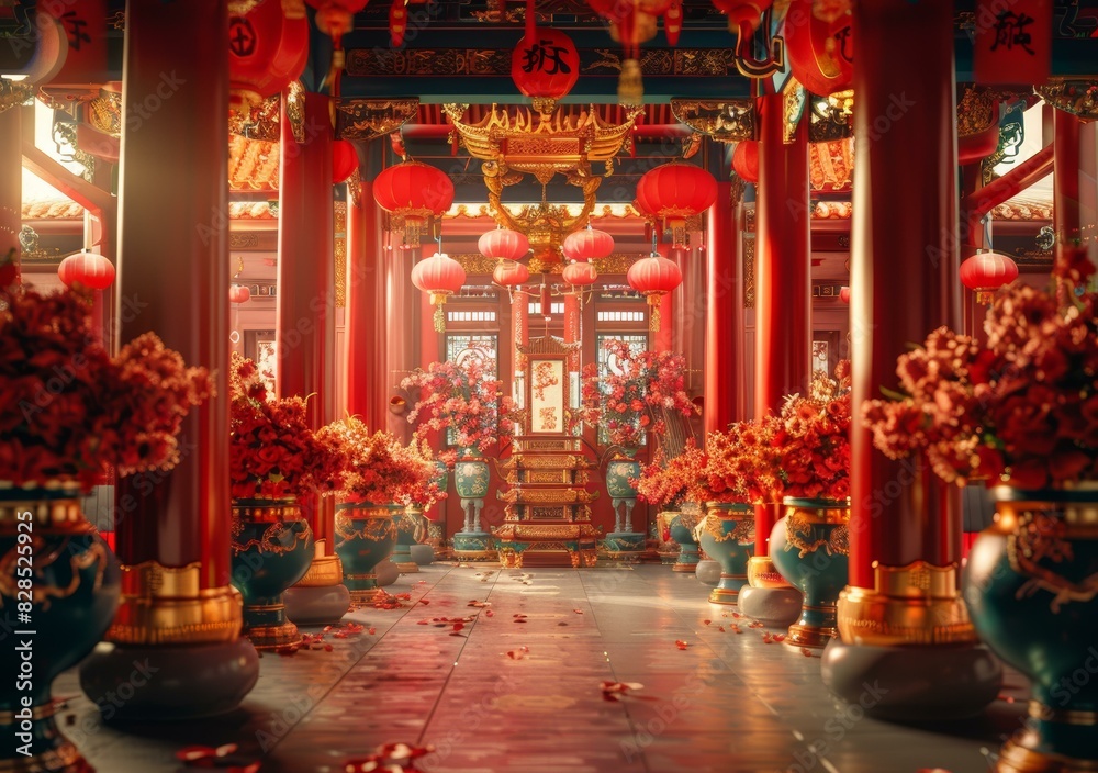 A Splendid Palace Adorned with Lanterns and Red Decorations