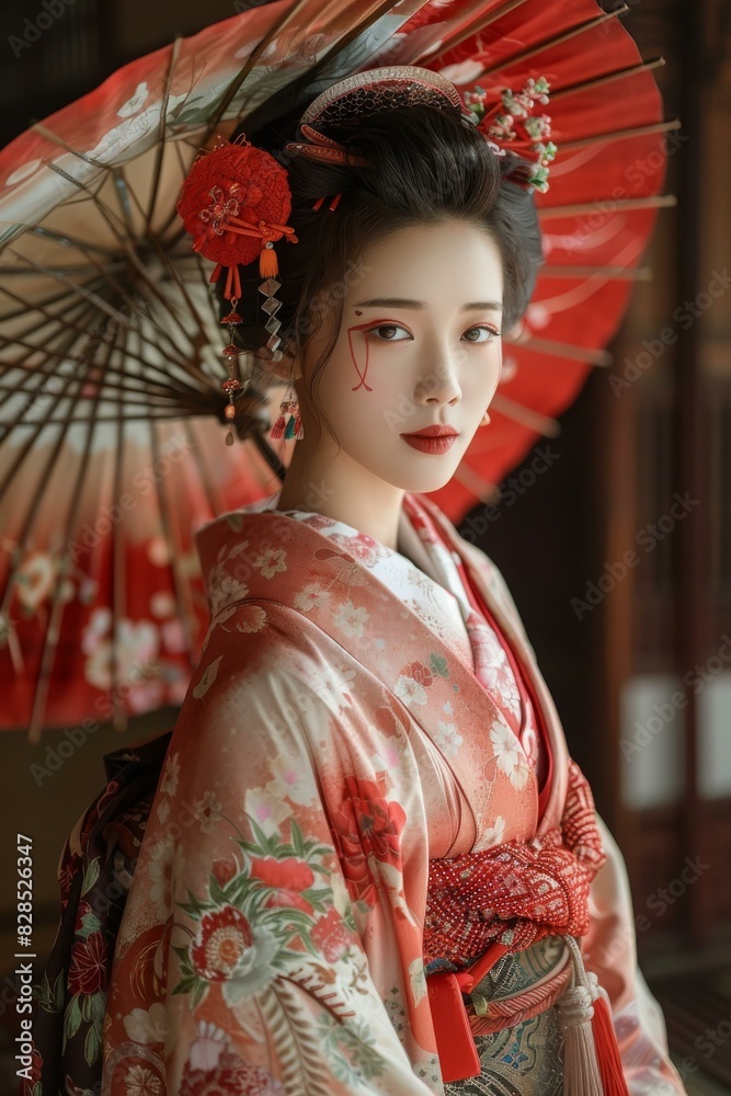 Portrait of a beautiful Japanese woman in traditional kimono