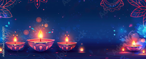 illustation of Diwali festival of lights tradition Diya oil lamps against dark background A traditional Indian art of decorating the entrance to a house. Diwali festival holiday design. 