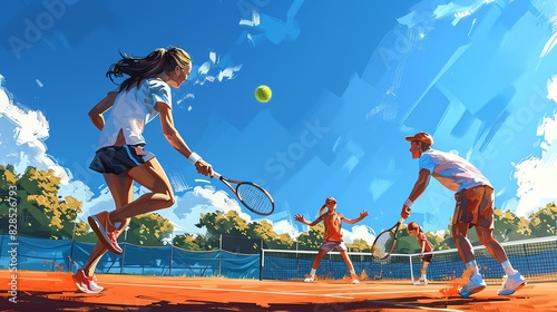 Family playing tennis on a local court, everyone in sporty outfits, energetic and competitive, clear blue sky photo