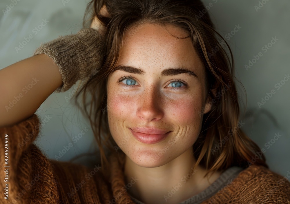Portrait of a beautiful young woman with freckles and blue eyes Portrait of a beautiful young woman with freckles and blue eyes