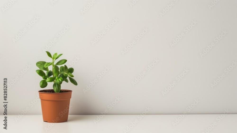 A small potted plant placed on one side of a plain white or light-colored surface, with the rest of the image left empty A small potted plant placed on one side of a plain white or light-colored surface, with the rest of the image left empty