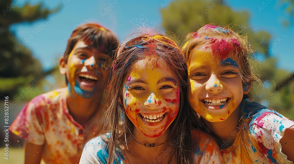 Family celebrating Holi, vibrant colors, everyone covered in powdered paint, joyous and energetic atmosphere, outdoor setting Family celebrating Holi, vibrant colors, everyone covered in powdered paint, joyous and energetic atmosphere, outdoor setting