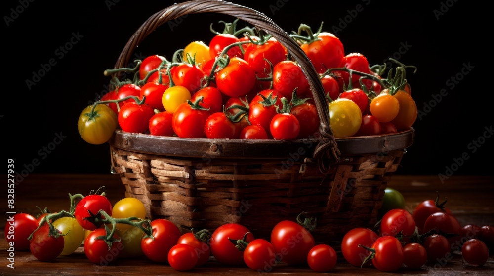 Assorted Fresh Cherry Tomatoes In A Basket With A Dark Wooden Table Setting. Generative AI