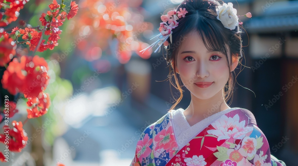 Portrait of a young woman in a kimono standing in a garden of cherry blossoms