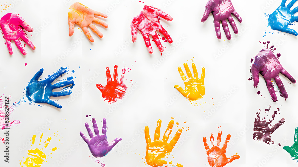 Fototapeta premium Hand rainbow print isolated on white background. Color child handprint. Creative paint hands prints. Happy childhood design. Artistic kids stamp, bright human fingers and palm illustration