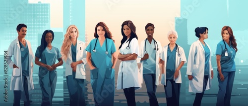 Team of Doctors in Hospital. 2d flat illustration. Healthcare concept. Flat illustration with doctors team. Flat Cartoon Style. A flat design team doctor working at a hospital. Medical staff.