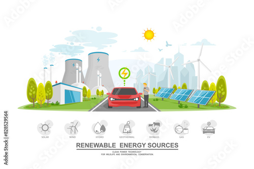 Caring for the environment and using clean green energy from renewable energy sources low carbon concept, Technology for a sustainable environment, Power generation system industry on city background.
