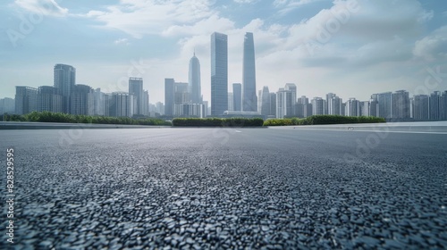 Asphalt road ground and city skyline with modern commercial building in Suzhou China.  photo