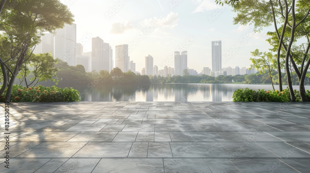 Fototapeta premium Empty cement floor with lake garden and modern city skyline in background.