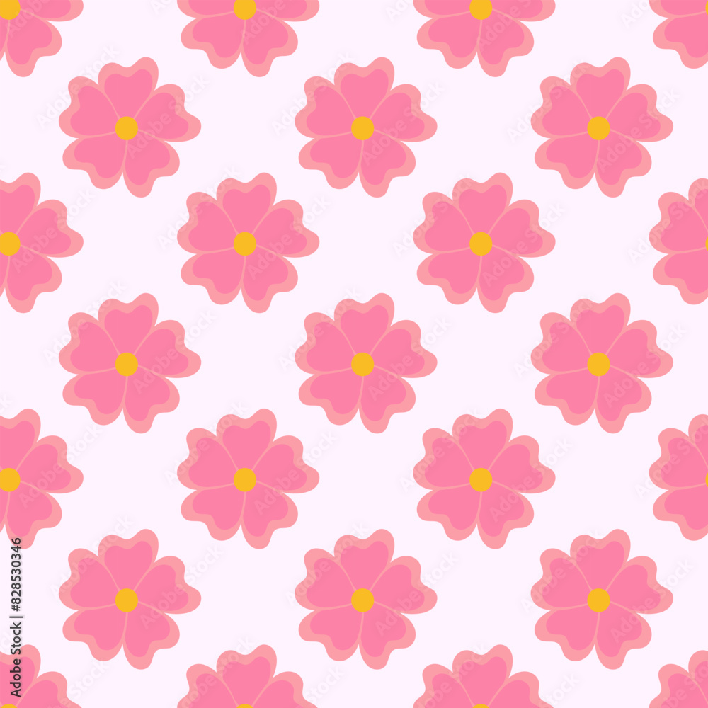 Seamless pattern with pink flowers. Spring and summer floral background. Design for wallpaper, wrapping paper, background, fabric. Vector flat illustration.