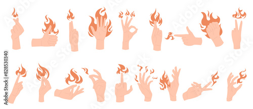 Human hand with different gestures and hot fire on fingers set. Burning peace and victory gestures, ok and thumbs up sign of person, peoples palms hold glowing flame cartoon vector illustration