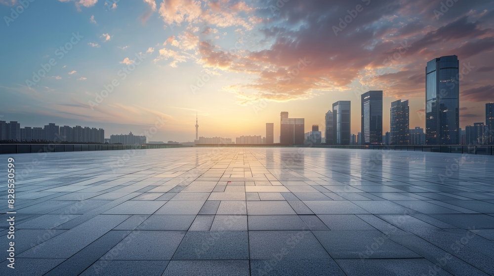 Empty square floors and city skyline with modern buildings at sunset in Suzhou Jiangsu Province China. high angle view. 