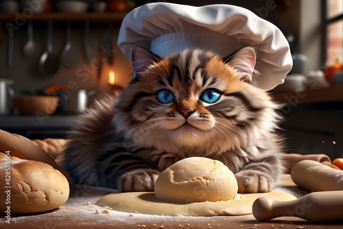 Professional chef, cute cat in a chef's hat kneads dough for bread