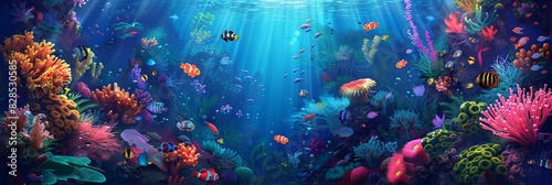 A vibrant painting depicting a lively underwater scene filled with colorful corals and various fish species. Generative AI