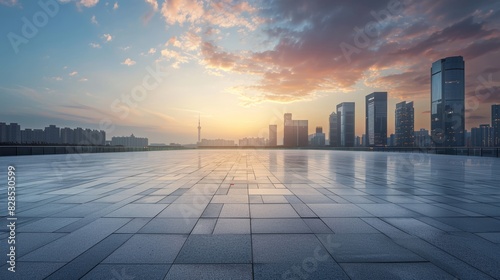 Empty square floors and city skyline with modern buildings at sunset in Suzhou Jiangsu Province China. high angle view.  photo