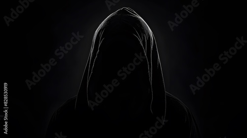 a lone figure shrouded in shadows, their face partially obscured, hinting at the concealment of their true identity or intentions. The darkness around them symbolizes the unseen dangers and hidden tru photo