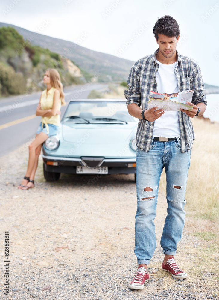 Road trip confused and lost man with map for direction, holiday journey and search location for destination. Thinking, convertible car, and guy with stress for vacation travel and paper gps in France Road trip confused and lost man with map for direction, holiday journey and search location for destination. Thinking, convertible car, and guy with stress for vacation travel and paper gps in France