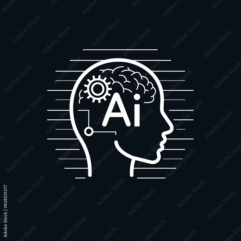 Line icon of head with gears inside, black background Line icon of head with gears inside, black background