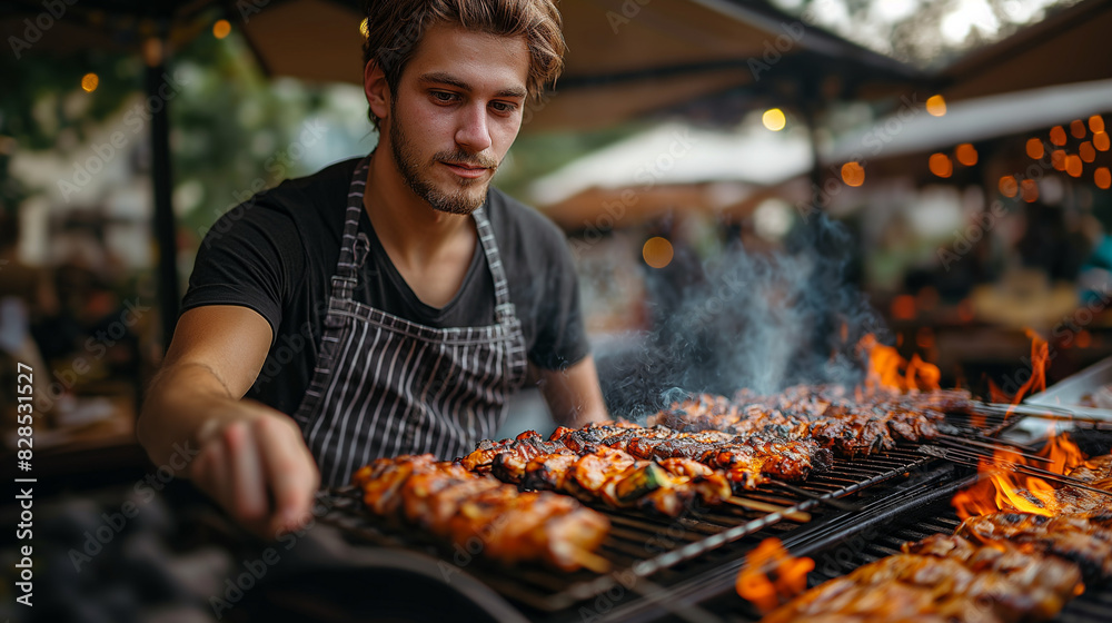 Street food festival, chef grilling beaf meat on grill. Street food festival, chef grilling beaf meat on grill.