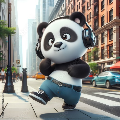 A cartoon panda wearing headphones and blue jeans is walking down a city street. The panda is smiling and he is enjoying himself. The scene is lively and fun, with the panda's playful demeanor