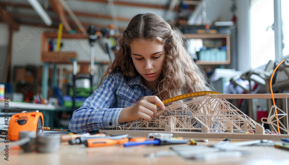 Fototapeta premium a of a female student measuring and constructing a bridge model as part of an engineering project, with tools and materials scattered on the table, showcasing hands-
