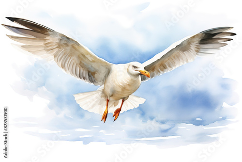 atercolor portrait of a flying seagull before blue sky, isolated on white background photo