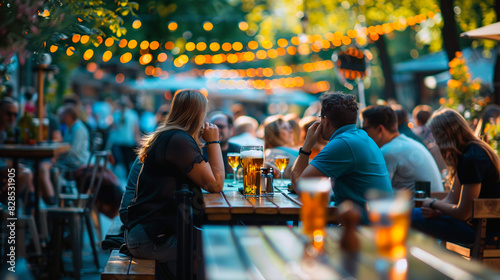 bar restaurant outside with people enjoying life, bokeh defocused background