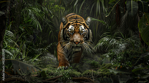 close up of a tiger in the jungle, portrait of a tiger, tiger in the forest © Gegham