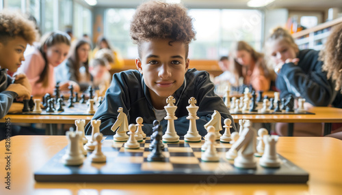 a  of students in a chess club, intensely focused on their games, with chessboards and pieces spread out across tables, Education, Extracurricular activities, after-s photo