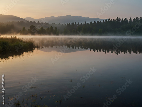 morning mist over lake, Morning fog over a beautiful lake surrounded by pine forest stock photo