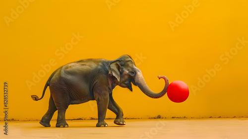 An elephant engages with a red ball in a yellow room Surrounding the scene is a yellow wall as the backdrop