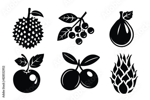 Six stylized black and white fruit icons on a white background, featuring different types of fruits in a minimalistic design.