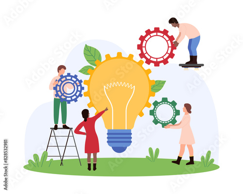 Business development, project management and product improvement process and research. Tiny people develop and upgrade engine settings, add gears to bright light bulb cartoon vector illustration