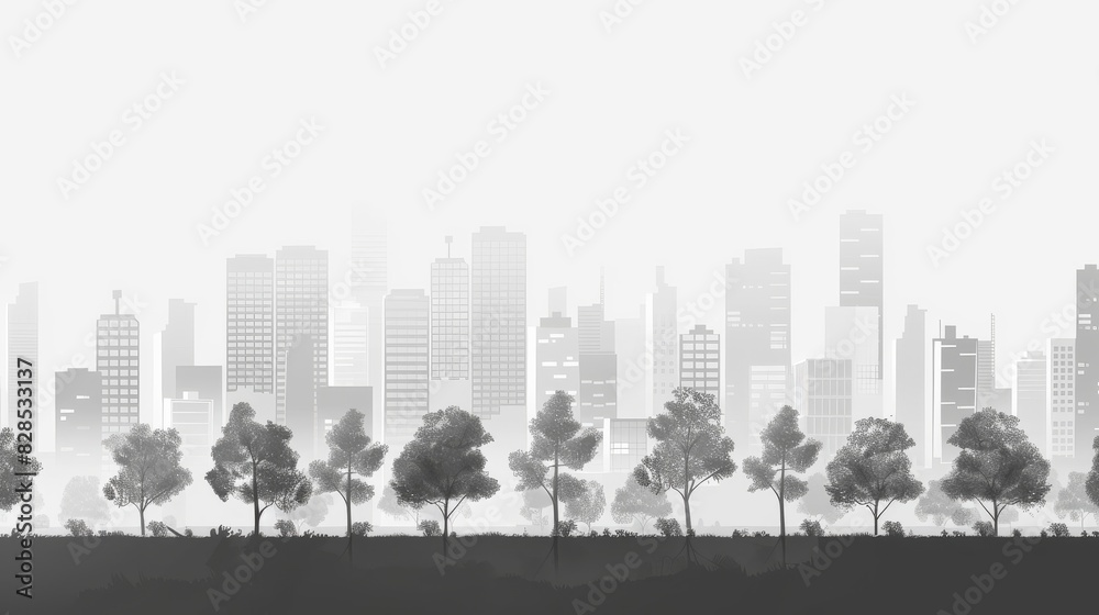 Light gray cityscape background. City buildings with trees at park view. Monochrome urban landscape with street. Modern architectural panorama in flat style. Vector illustration horizontal wallpaper Light gray cityscape background. City buildings with trees at park view. Monochrome urban landscape with street. Modern architectural panorama in flat style. Vector illustration horizontal wallpaper