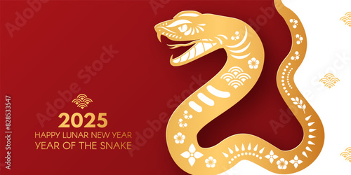 Happy Chinese New Year 2025 with Snake zodiac sign. Lunar new year card template. Gold paper cut style on red and white background.