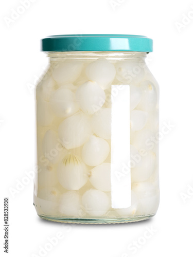 Pearl onions, pickled in a glass jar with screw cap. Crunchy and crisp onion pearls, small onions, also known as button, baby or silverskin onion, preserved in a brine of water, vinegar and salt.