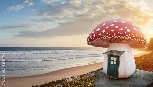 A mushroom looking house by the side of beach 