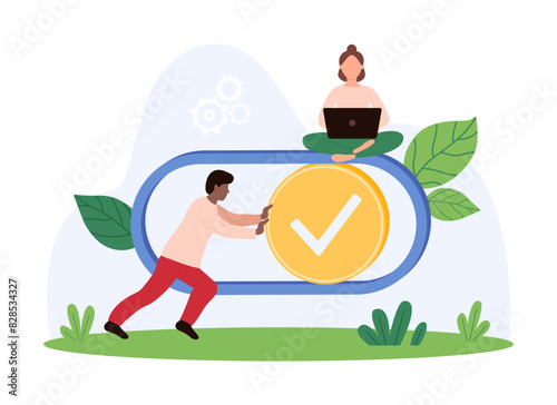 Toggle switch button, UI element for software or mobile app control. Tiny people turn slider with check mark forward to active position on digital navigation panel cartoon vector illustration