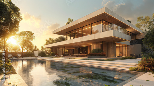 ultra-luxury house nestled in an exclusive location. Rendered realistically, the image showcases modern architecture with clean lines and expansive glass windows,  photo