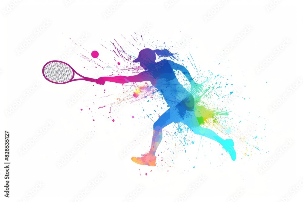 silhouette of a female tennis player hitting the ball with color splash, white background