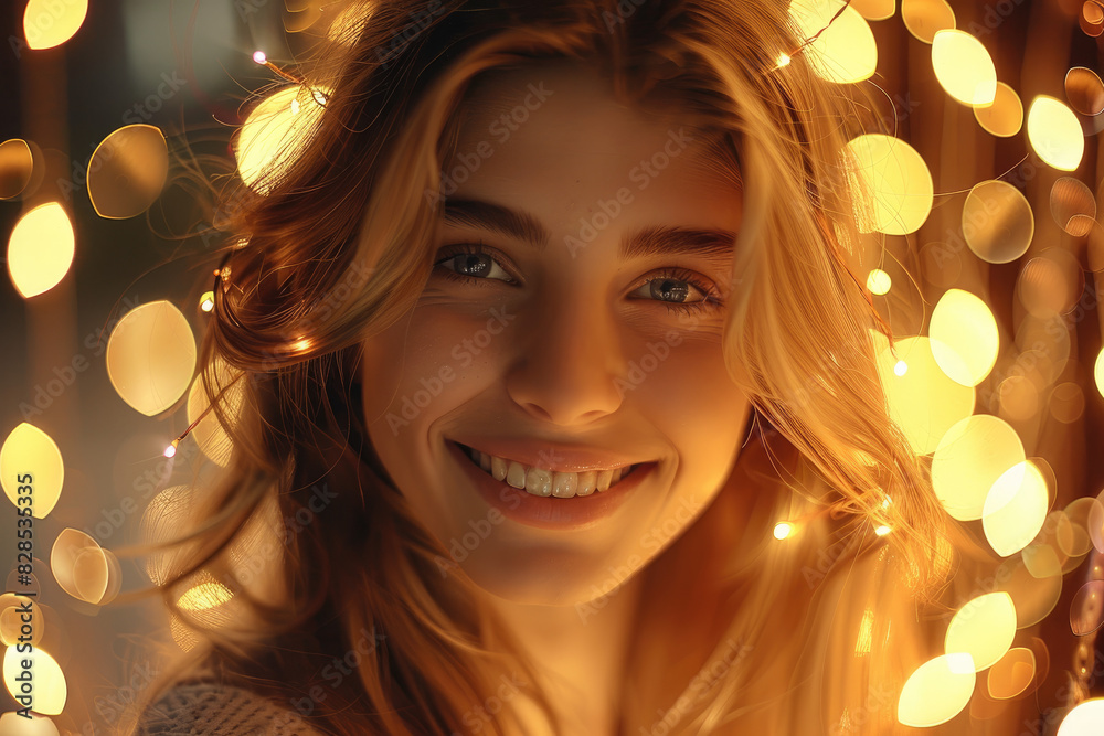 A beautiful princess with long blonde hair smiling and looking at the camera, dressed in white , standing against a background of golden lights and bokeh effects, her face illuminated by soft light