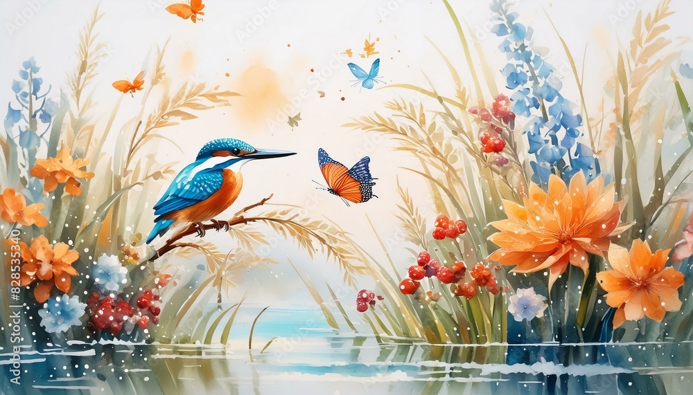Serenity in Nature: Flowers, Grasses, Berries, and a Kingfisher