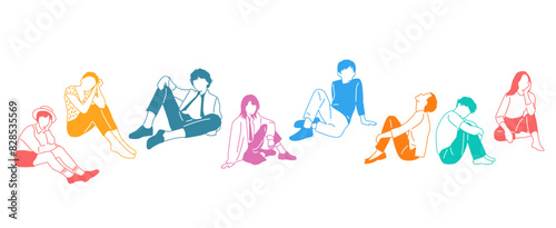 Group of men, women and teenagers sitting, different colors, cartoon character, silhouettes of sitting people, profile, flat icon design concept, hand drawn vector illustration isolated on white