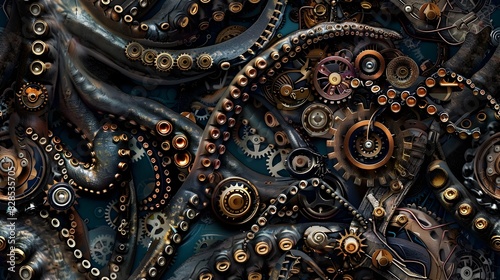 Colossal Kraken Entwined in a Labyrinth of Steampunk Machinery and Metal Components