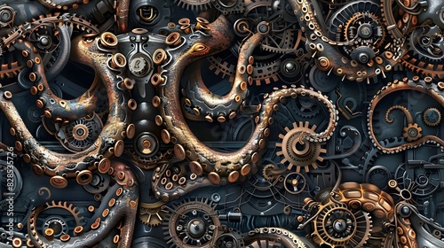 Colossal Mythical Kraken Encased in Labyrinth of Steampunk Machinery and Brass Tentacles