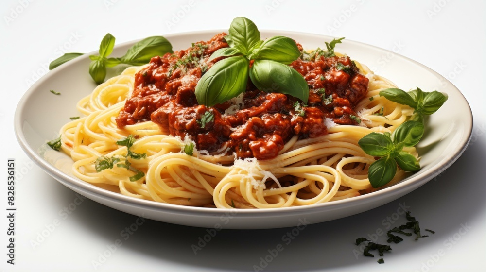 A plate of spaghetti with tomato sauce and basil